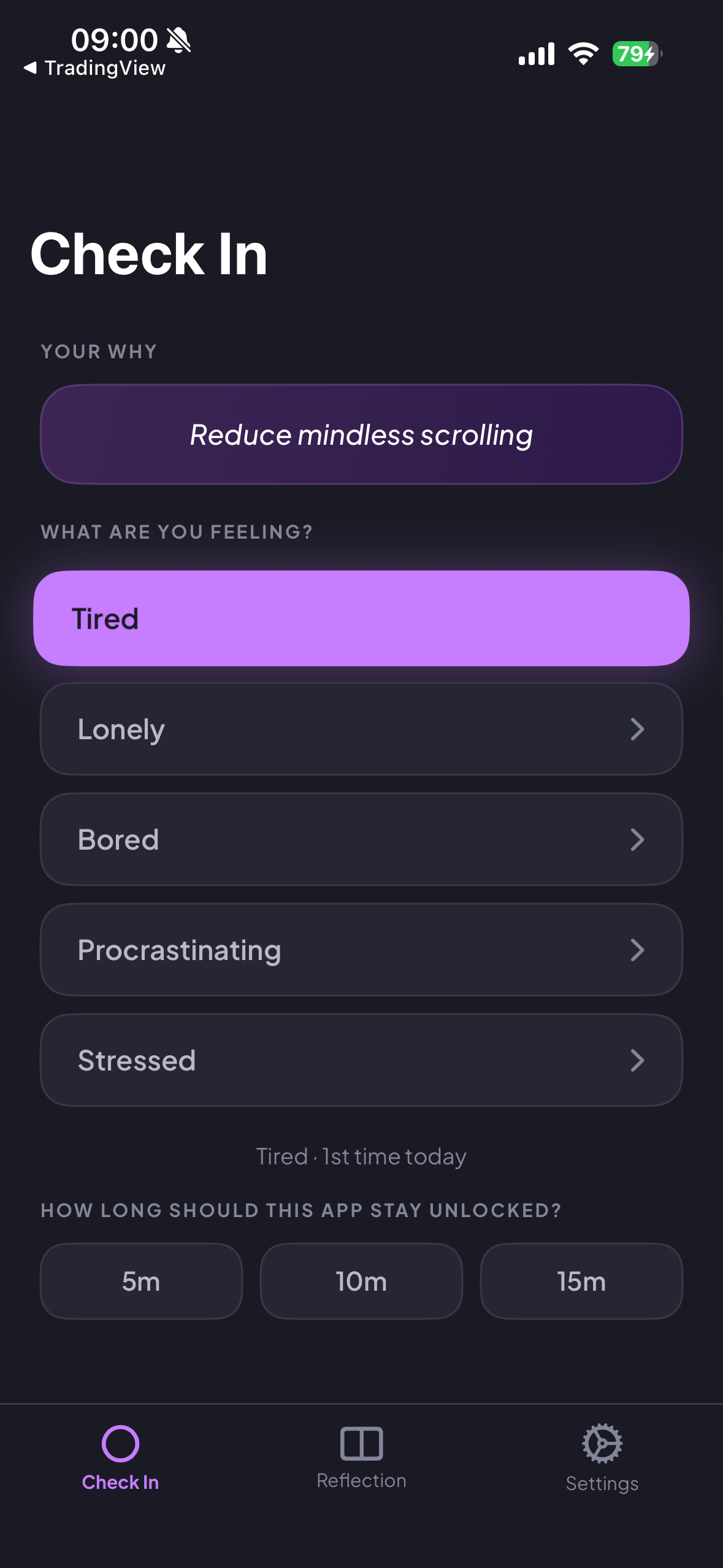 Noru check-in screen shown the moment you open a flagged app, asking how you feel and for how long