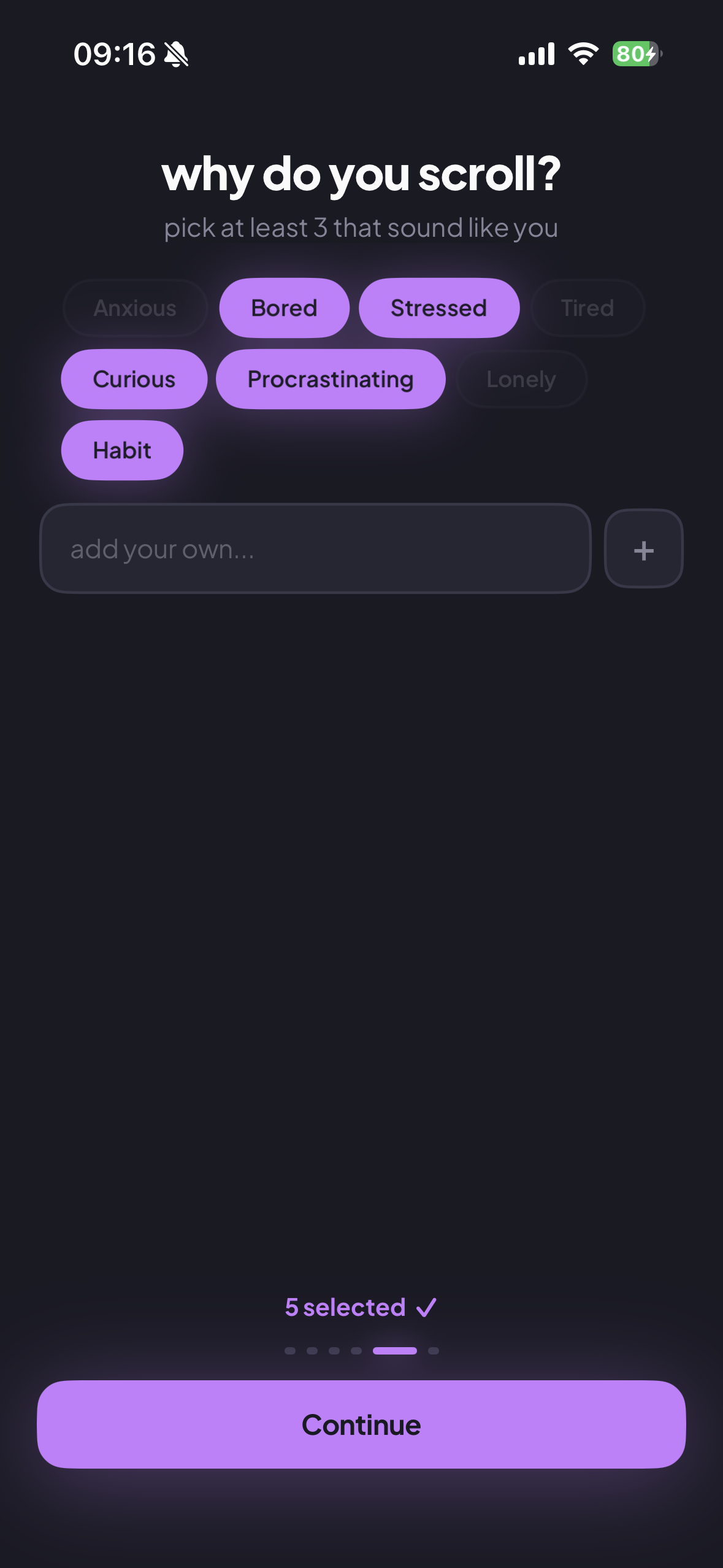 Noru onboarding screen titled 'why do you scroll?' with feelings to pick from