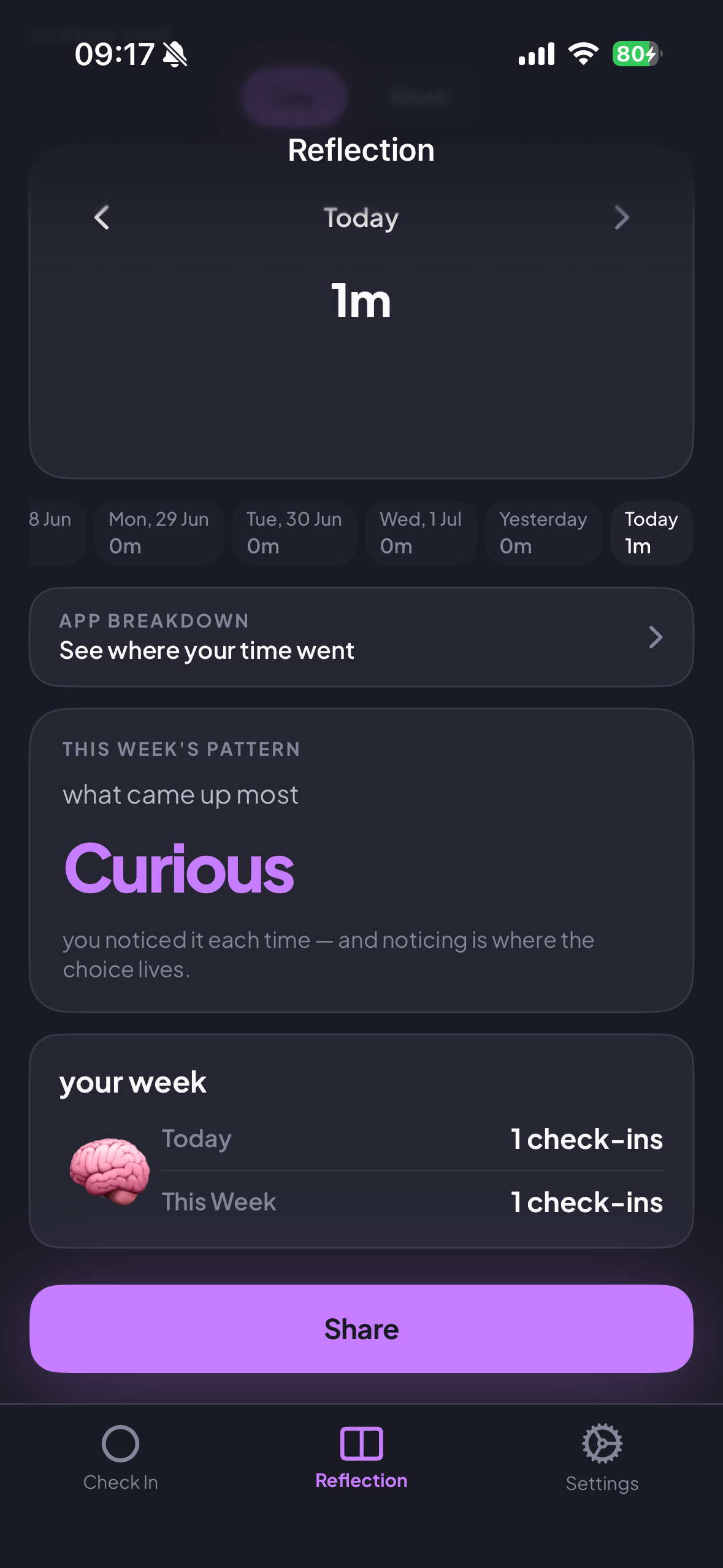 Noru reflection screen showing your weekly check-in pattern and what came up most